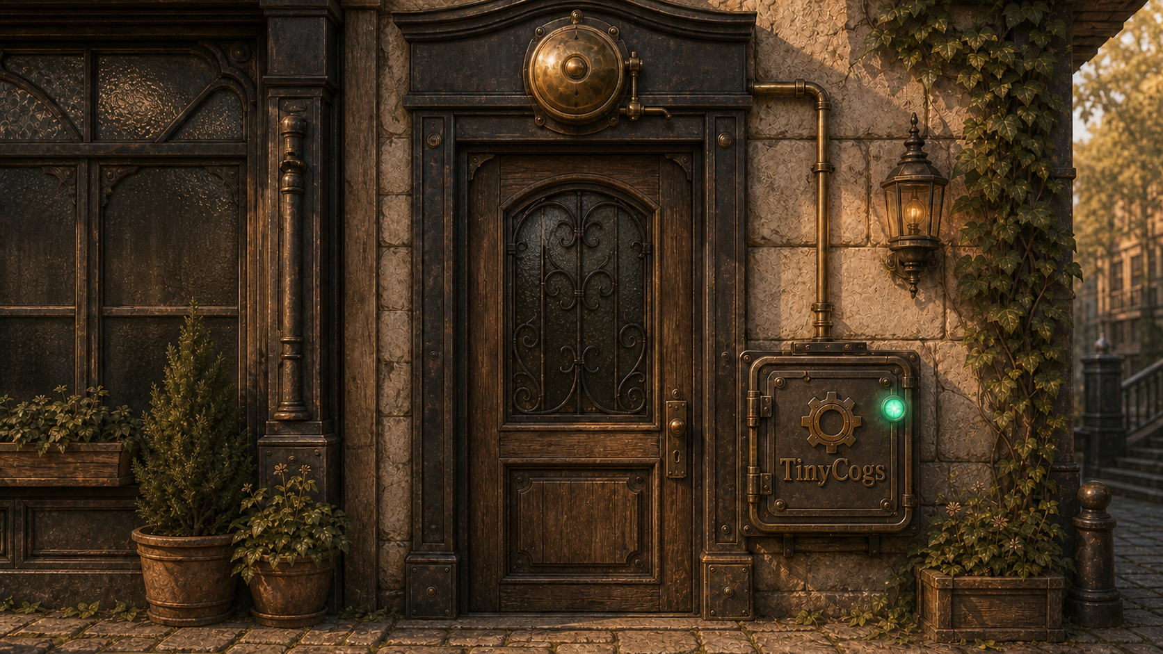 The exterior of the TinyCogs shop with the repair gearbox status light glowing teal-green